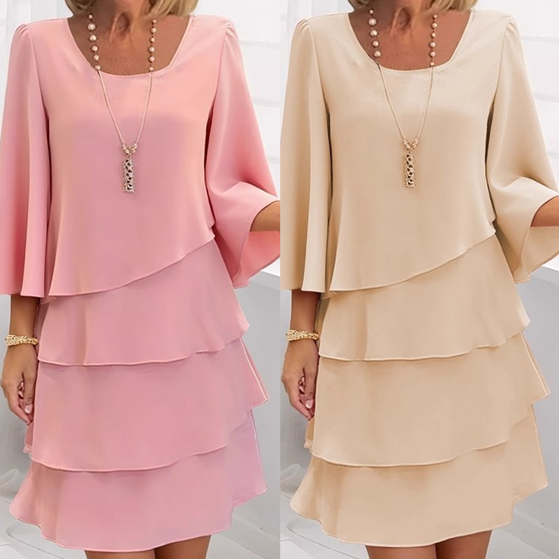 Kleid mit gestuftem Volantsaum und ausgestellten Ärmeln für Damen