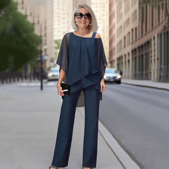 ⏳Limitiertes 50 % Rabatt⏰Unregelmäßiges Chiffon-Oberteil für Damen ＆ Weite Hose 2-teiliges Set👚👖