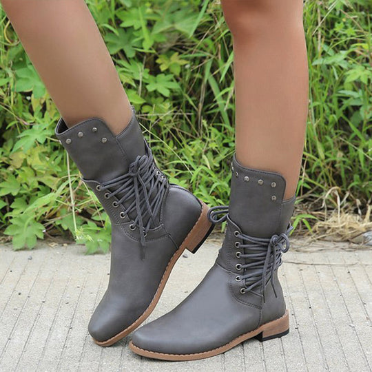 Damen Schnürstiefel mit niedrigem Absatz und runder Spitze