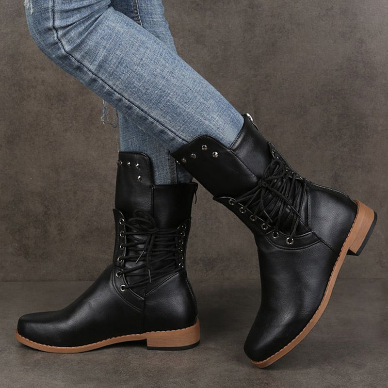 Damen Schnürstiefel mit niedrigem Absatz und runder Spitze
