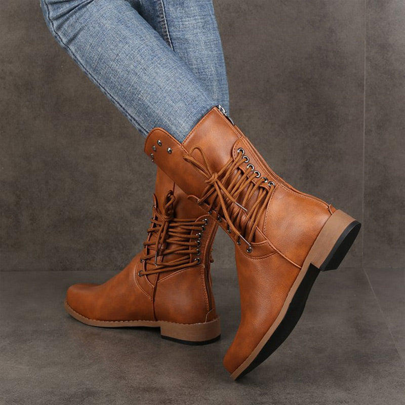 Damen Schnürstiefel mit niedrigem Absatz und runder Spitze