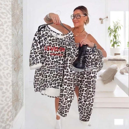 Damen-Zweiteiler mit Leopardenmuster (Sweater und Hose)