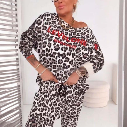 Damen-Zweiteiler mit Leopardenmuster (Sweater und Hose)