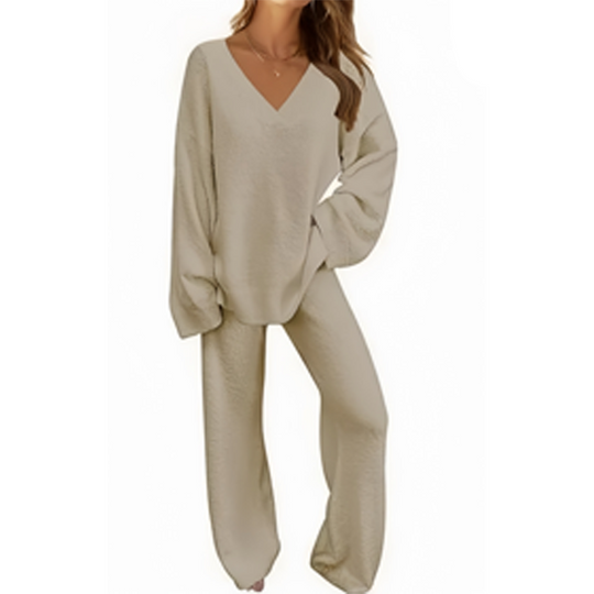 Damen-Zweiteiler: Langarm-Pullover mit V-Ausschnitt &amp; Hose