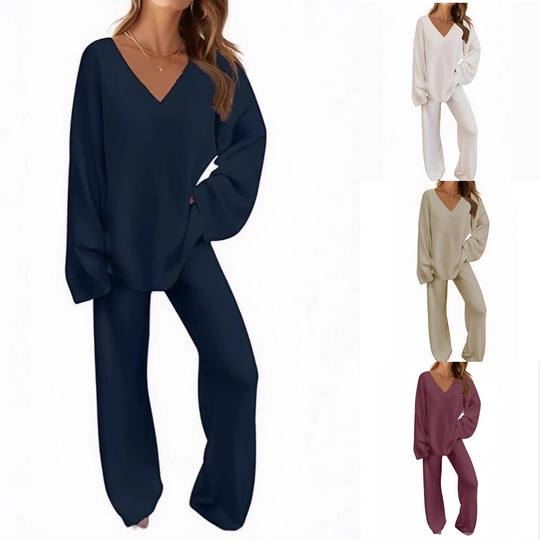 Damen-Zweiteiler: Langarm-Pullover mit V-Ausschnitt &amp; Hose
