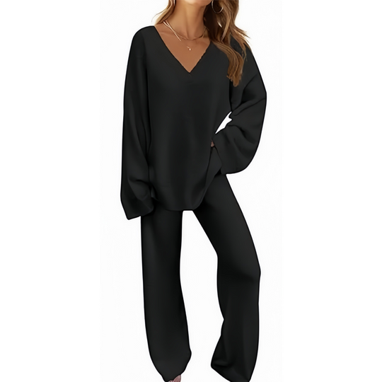 Damen-Zweiteiler: Langarm-Pullover mit V-Ausschnitt &amp; Hose