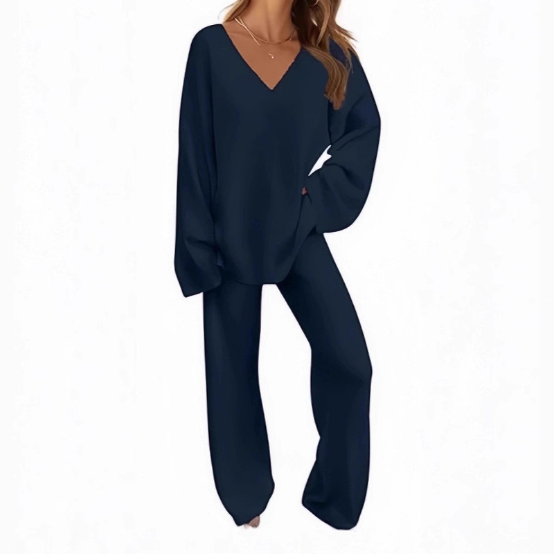 Damen-Zweiteiler: Langarm-Pullover mit V-Ausschnitt &amp; Hose