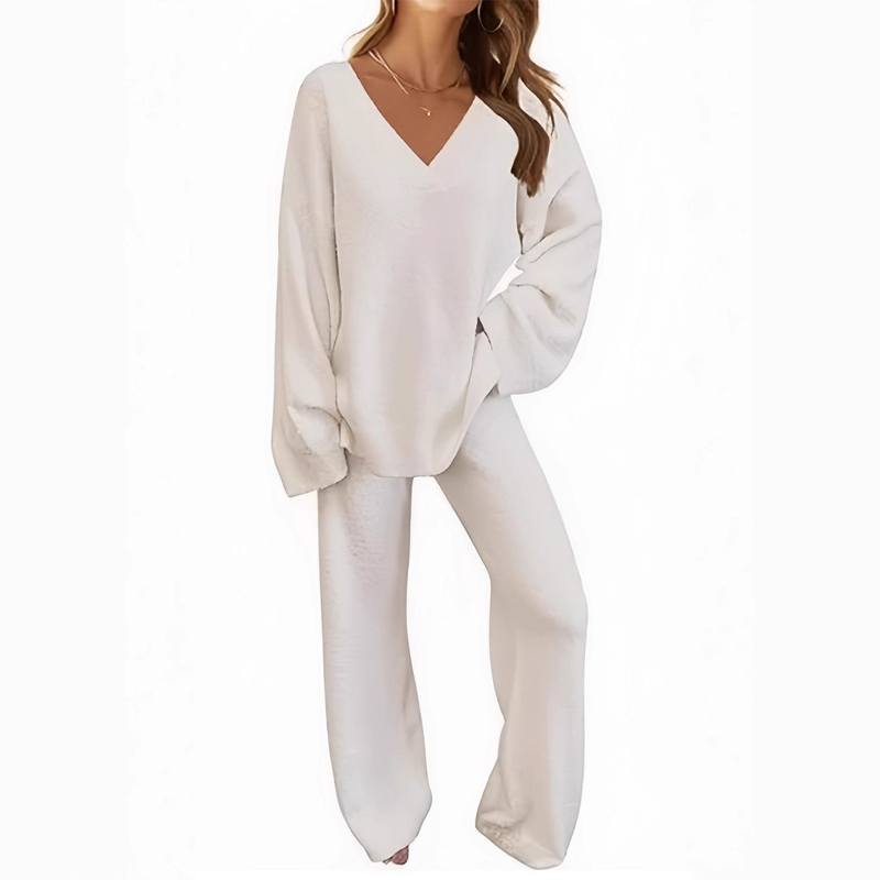 Damen-Zweiteiler: Langarm-Pullover mit V-Ausschnitt &amp; Hose