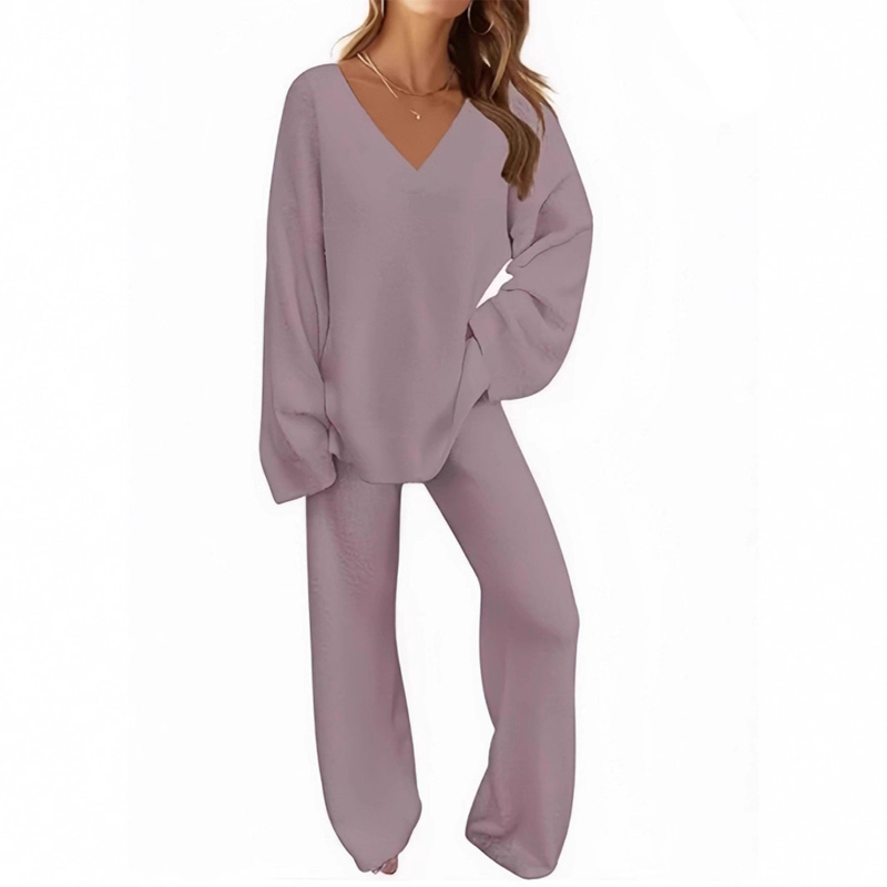 Damen-Zweiteiler: Langarm-Pullover mit V-Ausschnitt &amp; Hose