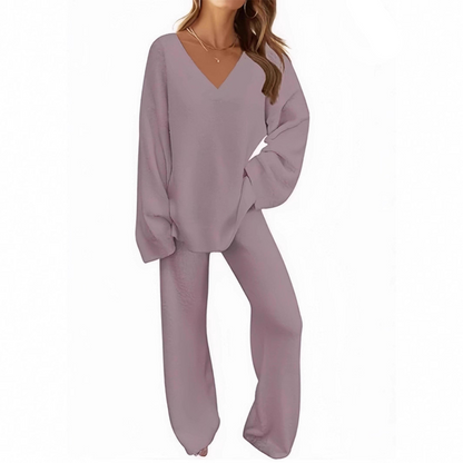 Damen-Zweiteiler: Langarm-Pullover mit V-Ausschnitt & Hose
