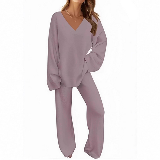 Damen-Zweiteiler: Langarm-Pullover mit V-Ausschnitt &amp; Hose