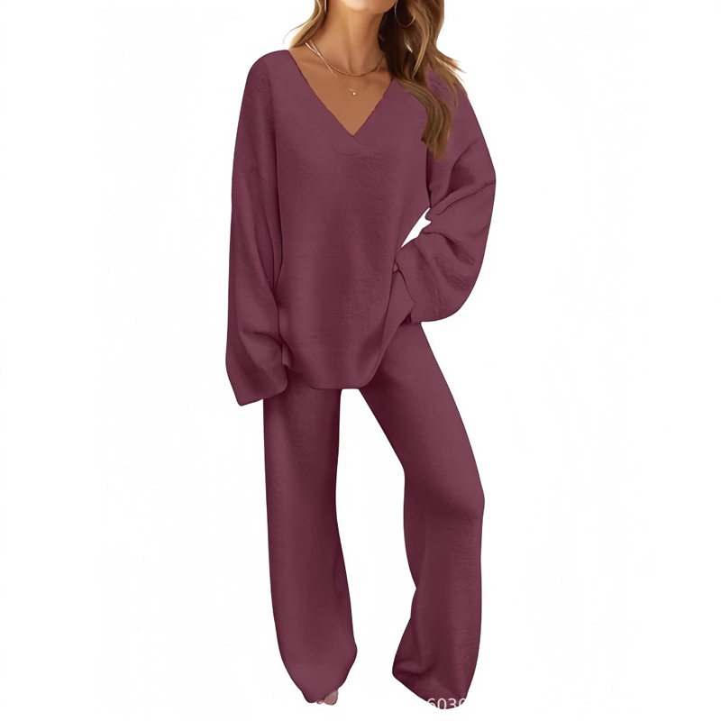 Damen-Zweiteiler: Langarm-Pullover mit V-Ausschnitt &amp; Hose