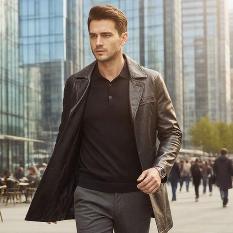 Herren mittellange Jacke aus Kunstleder