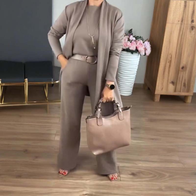 New Arrival✨3-Piece Set with Short Sleeve Top, Wide-Leg Pants &amp; Long Cardigan – Effortless Layered Style