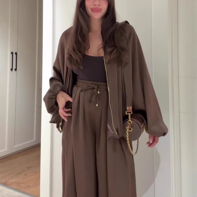 Damen lockeres Set: Jacke mit Reißverschluss &amp; Weitbeinhose🔥KOSTENLOSER VERSAND