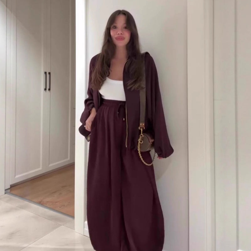 Damen lockeres Set: Jacke mit Reißverschluss &amp; Weitbeinhose🔥KOSTENLOSER VERSAND