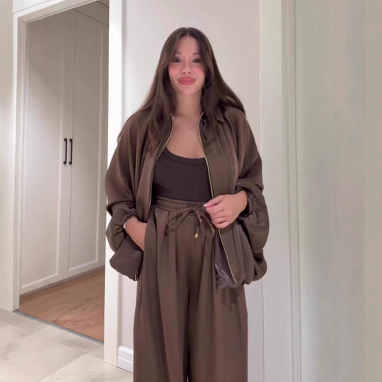 Damen lockeres Set: Jacke mit Reißverschluss &amp; Weitbeinhose🔥KOSTENLOSER VERSAND