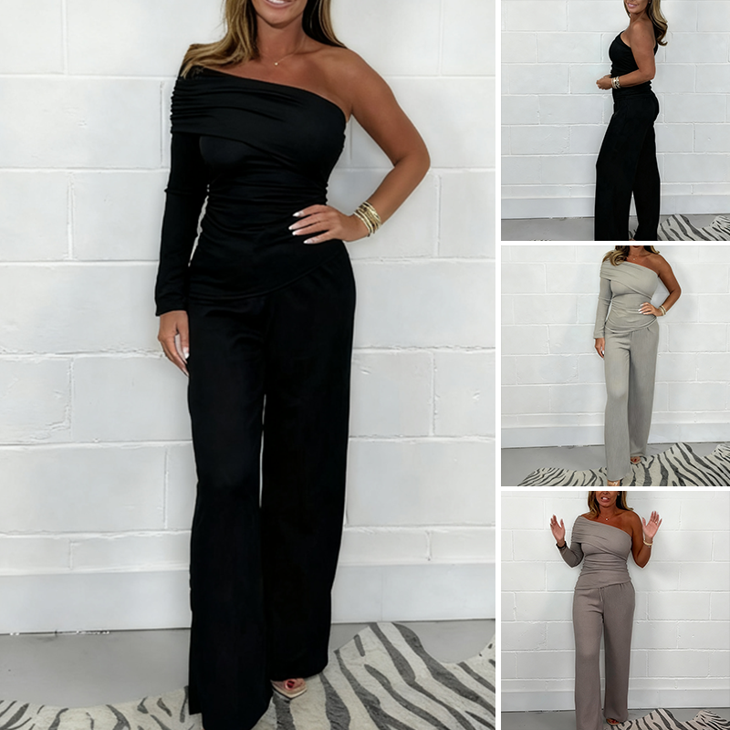Modischer Damen-Zweiteiler: One-Shoulder-Top &amp; Hose mit weitem Bein