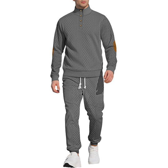 🔥Gratis frakt 🔥Avslappet jacquardtopp med ståkrage og bukser med elastiske mansjetter