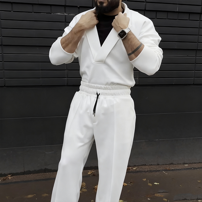 Lässiges Herren-Set: Oberteil mit Reverskragen und Hose mit Kordelzug（Kostenloser Versand）