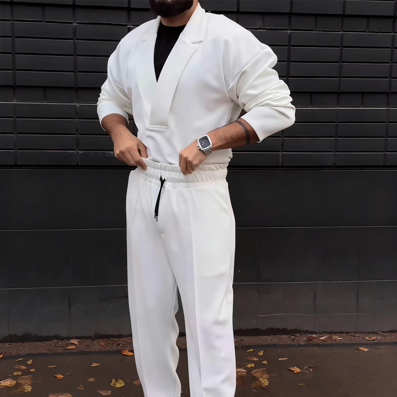 Lässiges Herren-Set: Oberteil mit Reverskragen und Hose mit Kordelzug（Kostenloser Versand）