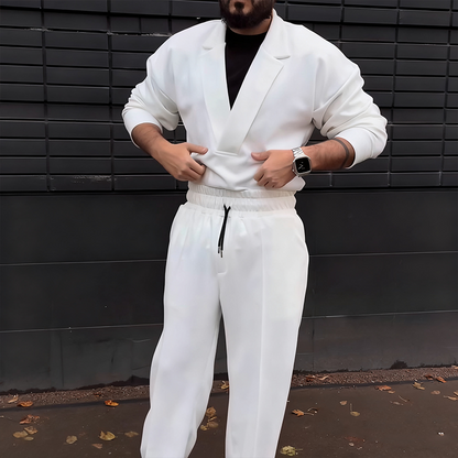 Lässiges Herren-Set: Oberteil mit Reverskragen und Hose mit Kordelzug（Kostenloser Versand）