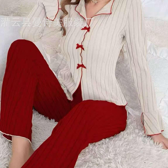 🔥Zeitlich begrenzter Tiefstpreis⚡Gestreifte Strick-Pyjama-Sets für Damen mit Reverskragen und Schleifen