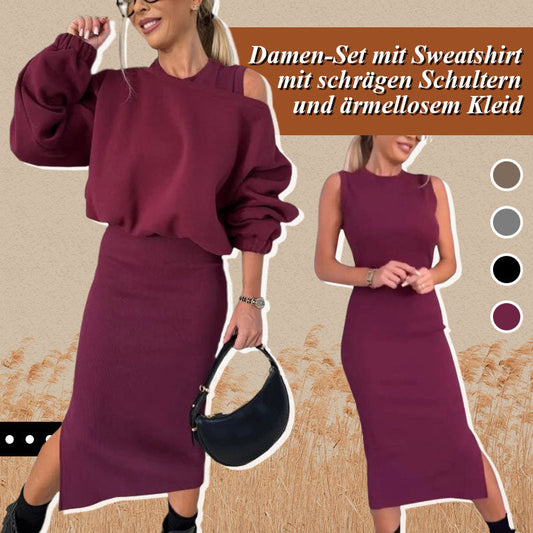 ✨ LETZTER TAG VERKAUF 50% RABATT ✨Damen-Set mit Sweatshirt mit schrägen Schultern und ärmellosem Kleid