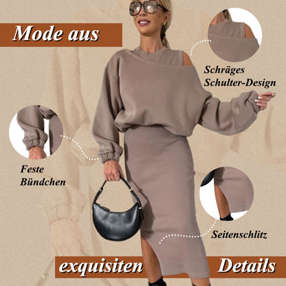 ✨ LETZTER TAG VERKAUF 50% RABATT ✨Damen-Set mit Sweatshirt mit schrägen Schultern und ärmellosem Kleid