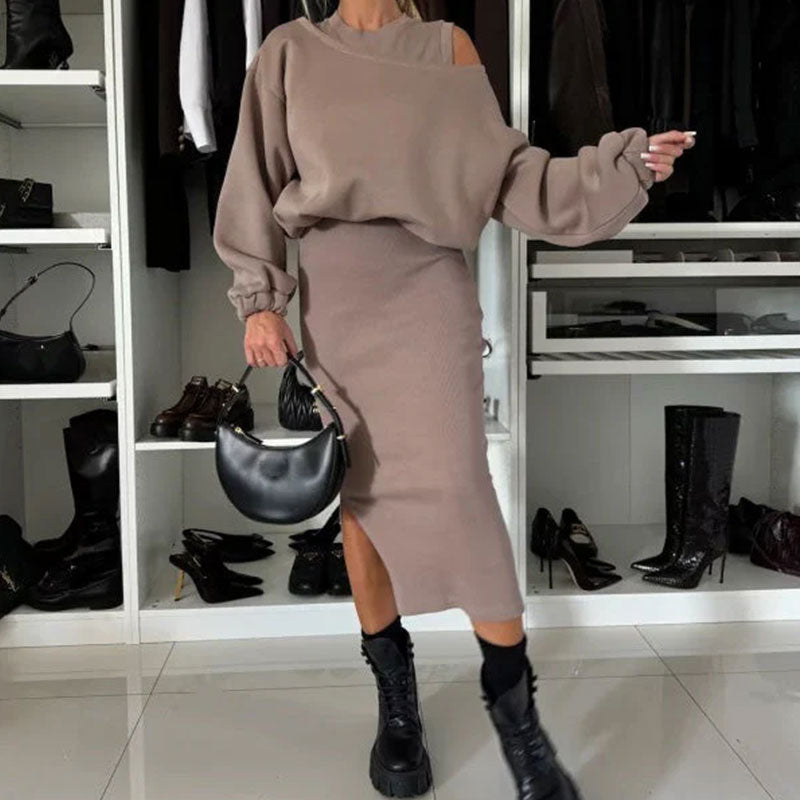 ✨ LETZTER TAG VERKAUF 50% RABATT ✨Damen-Set mit Sweatshirt mit schrägen Schultern und ärmellosem Kleid