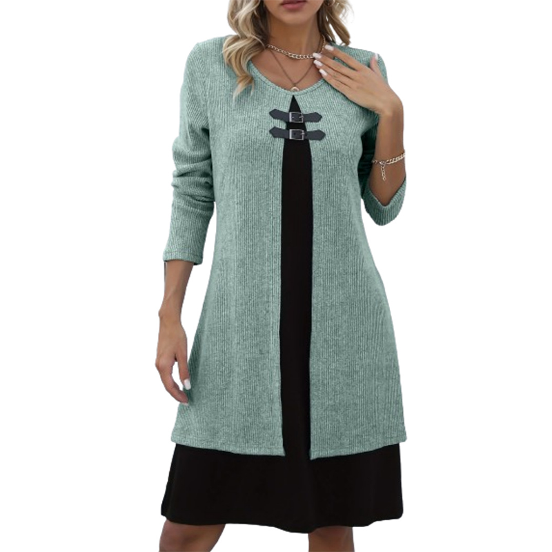 💃🌸Damenkleid in A-Linie, knielang, mit angedeutetem Zweiteiler-Look