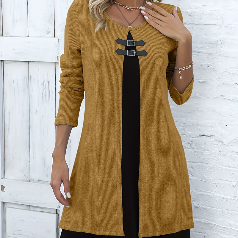 💃🌸Damenkleid in A-Linie, knielang, mit angedeutetem Zweiteiler-Look