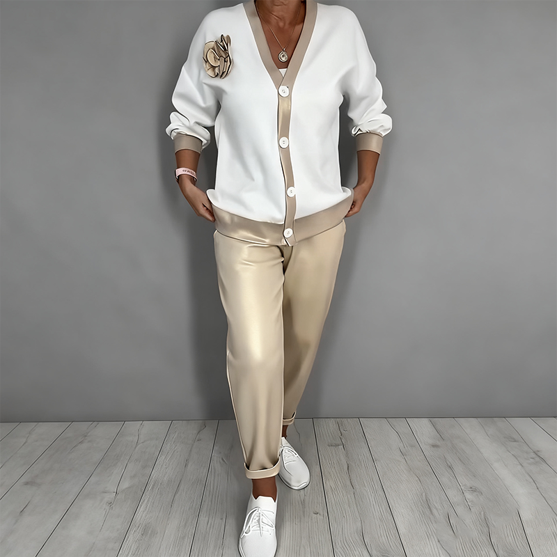🔥Zeitlich begrenztes Angebot – 2-teiliges Set für Damen, bestehend aus einem lässigen Oberteil mit V-Ausschnitt und einer Hose mit hoher Taille
