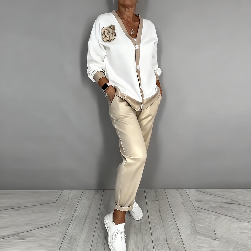 🔥Zeitlich begrenztes Angebot – 2-teiliges Set für Damen, bestehend aus einem lässigen Oberteil mit V-Ausschnitt und einer Hose mit hoher Taille