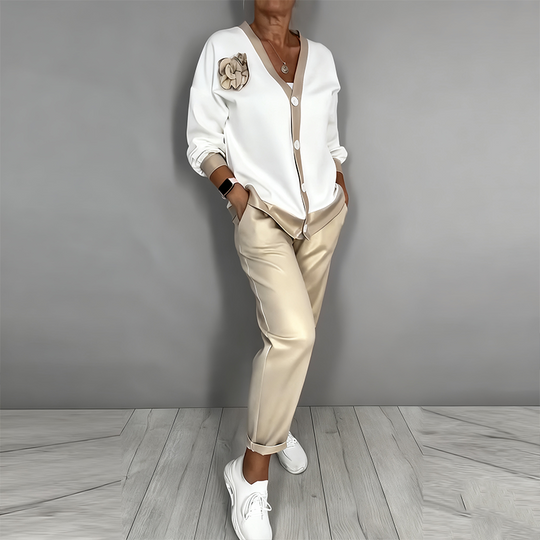 🔥Zeitlich begrenztes Angebot – 2-teiliges Set für Damen, bestehend aus einem lässigen Oberteil mit V-Ausschnitt und einer Hose mit hoher Taille