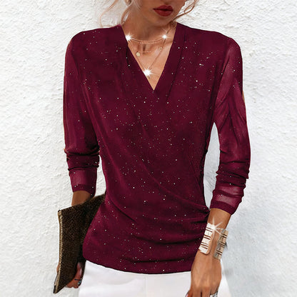 🔥Hot Sale Offers-Women's Sparkle Crossover V-Neck Long Sleeve Top