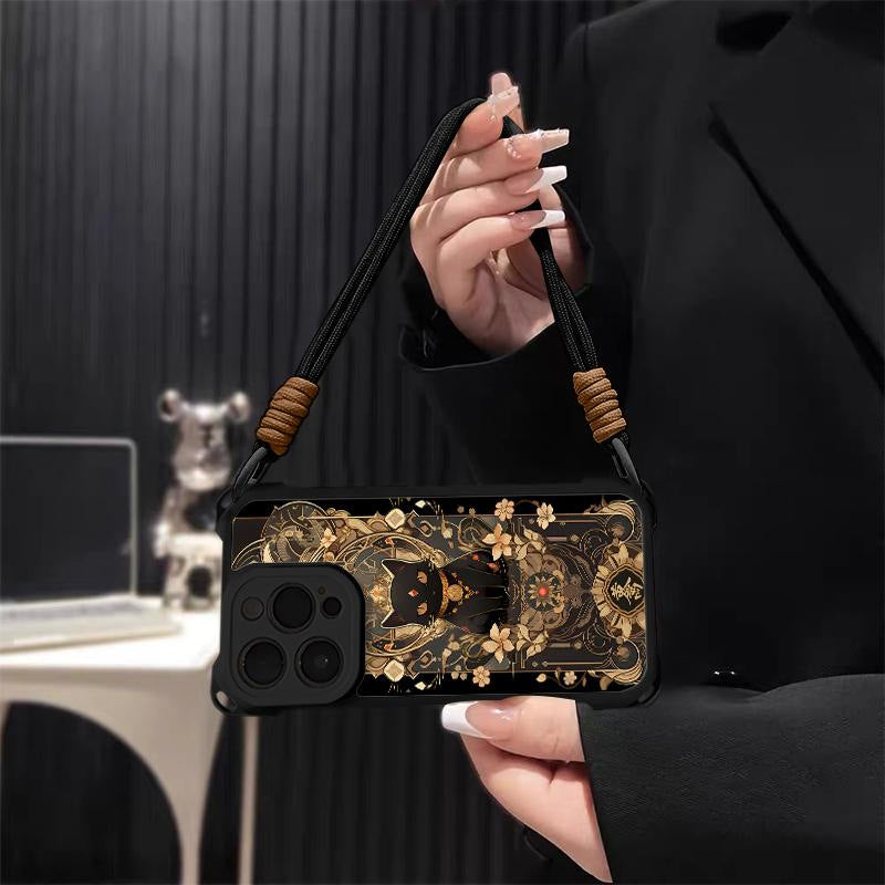 Handyhülle mit schwarzem Katzen- und Goldmuster Hülle für iPhone🎁KOSTENLOSES Umhängeband