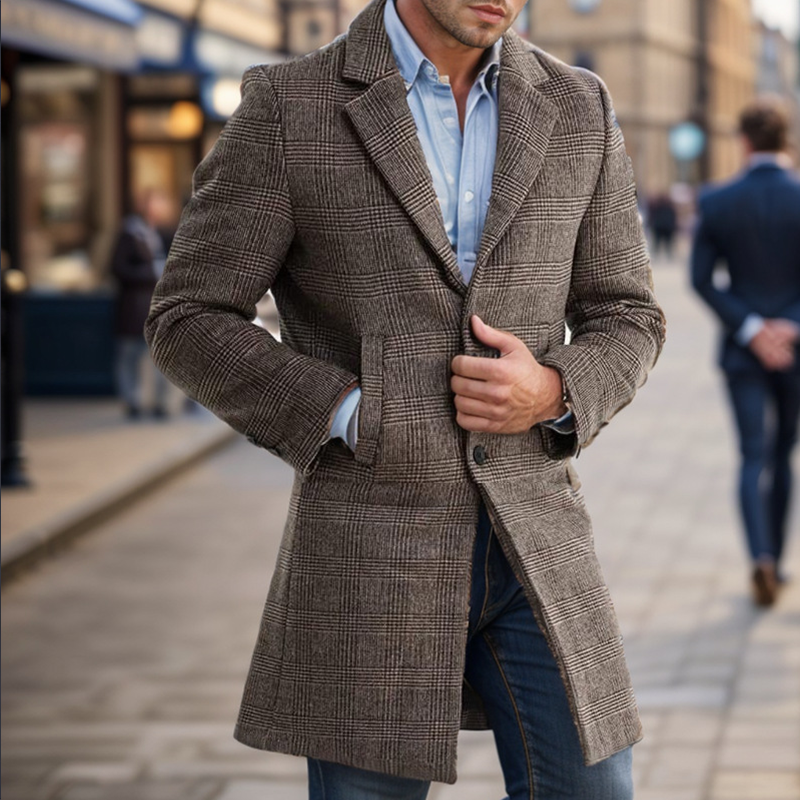 Men's Warm Plaid Lapel Fitted Trench Coat