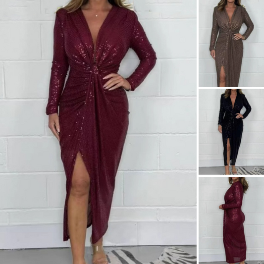 ⏳Black Friday Sale: 50% OFF-Time-Limited Special⏰Women V-neck Pleated Sequined Slit Elegant Temperament Evening Party Dress