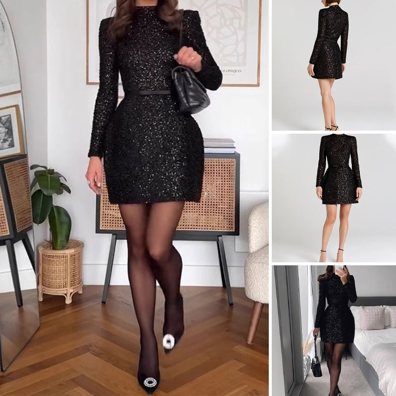 Damen Glitzerkleid mit langen Ärmeln und Gürtel