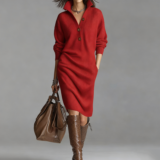 Damen geripptes Strickkleid mit Hemdkragen und Knopfleiste