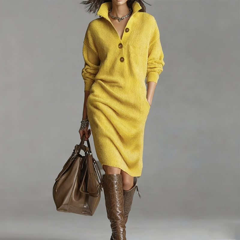 Damen geripptes Strickkleid mit Hemdkragen und Knopfleiste