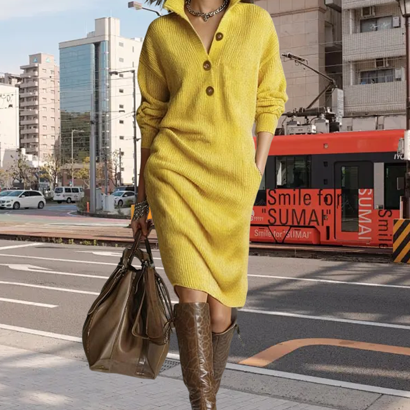 Damen geripptes Strickkleid mit Hemdkragen und Knopfleiste