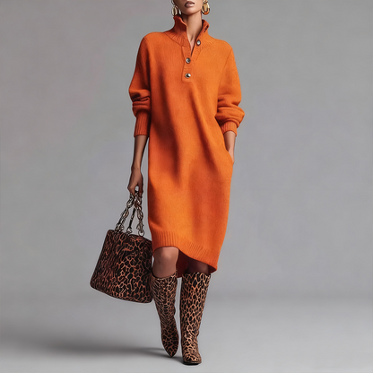 Damen geripptes Strickkleid mit Hemdkragen und Knopfleiste