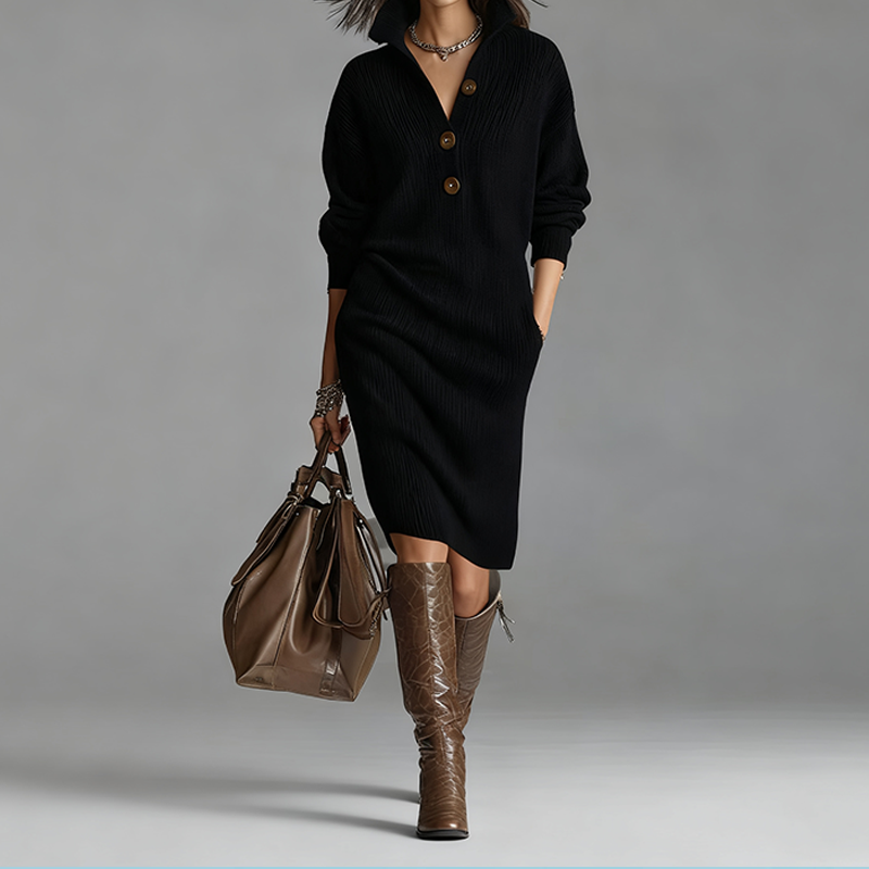 Damen geripptes Strickkleid mit Hemdkragen und Knopfleiste