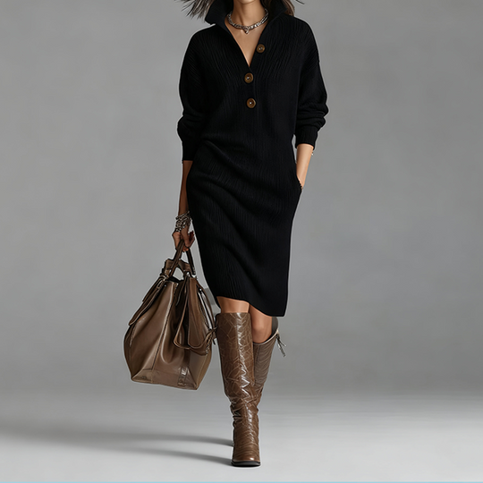 Damen geripptes Strickkleid mit Hemdkragen und Knopfleiste
