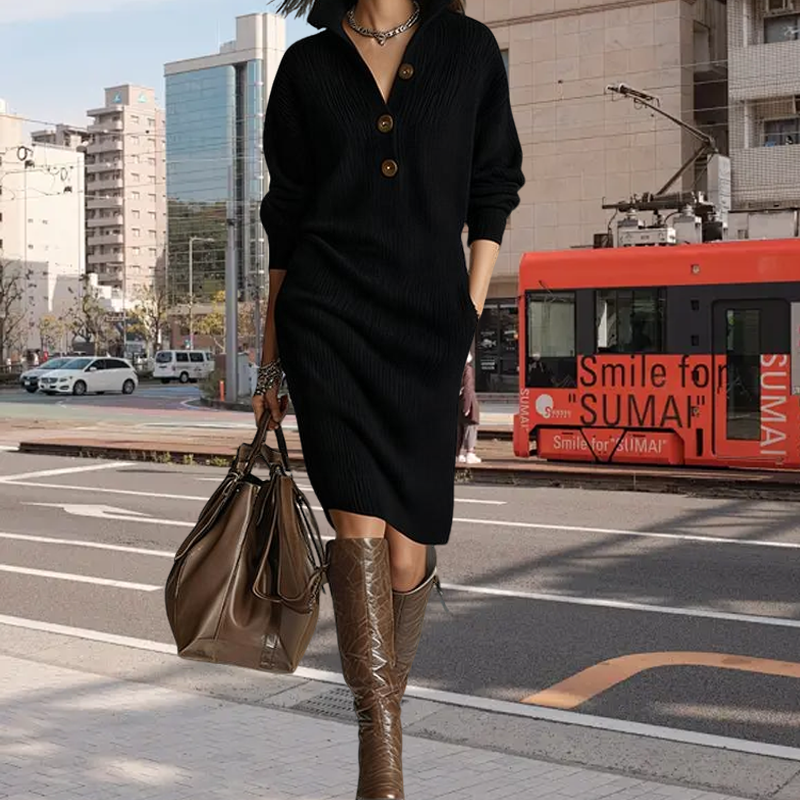 Damen geripptes Strickkleid mit Hemdkragen und Knopfleiste