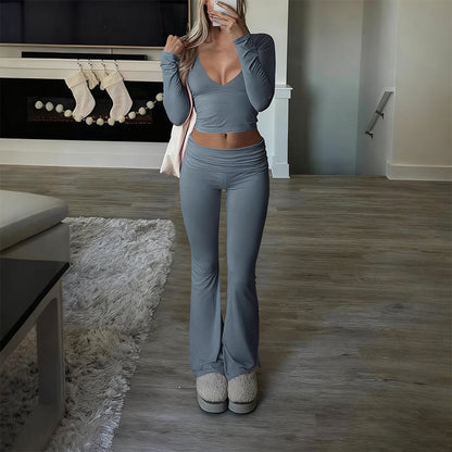 Women's 2-Piece Long Sleeve Crop Top & Flare Pants Set