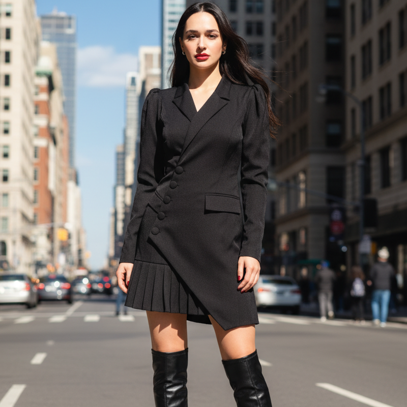 🖤Black Friday 50 % Rabatt 💥Mini-Blazerkleid mit Knopfleiste und Falten