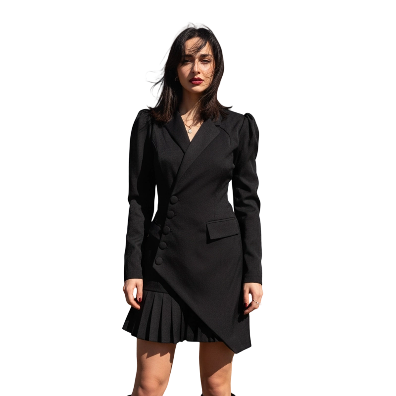 🖤Black Friday 50 % Rabatt 💥Mini-Blazerkleid mit Knopfleiste und Falten